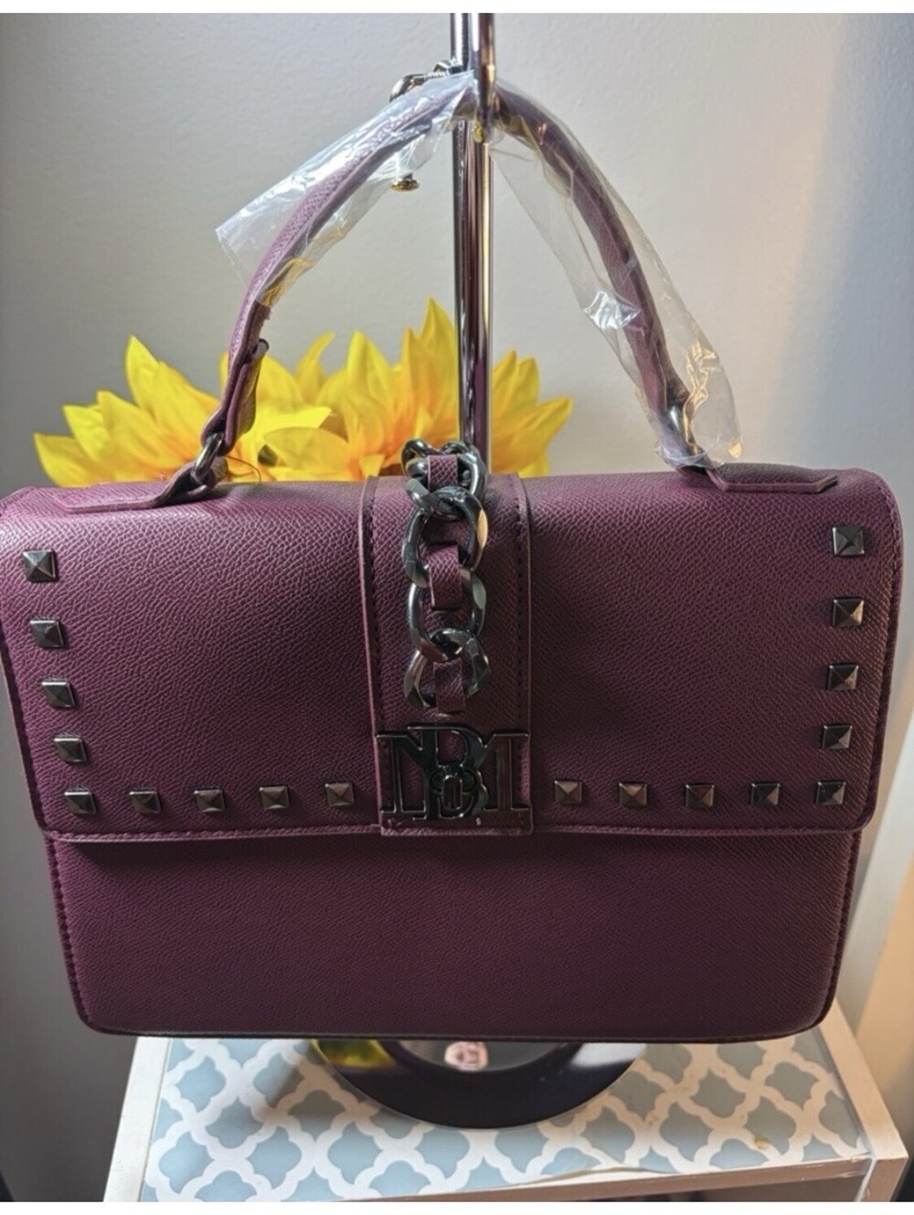 BM Plum Crossbody Studded Chain Turn Lock Gunmetal Hardware Purse